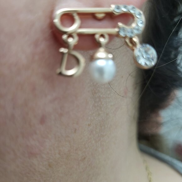 Gold Tone Safety Pin Stud Earrings with Crystal & Faux Pearl - Picture 5 of 11